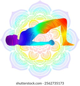 Colorful silhouette of woman practicing Setu Bandha Sarvangasana yoga pose. Dvi Pada Pitham pose. Bridge pose. Isolated vector illustration