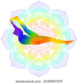 Silhueta colorida da mulher que pratica Supta Padangushthasana Uma pose de ioga. Mão supina para o pé grande pose. Ilustração isolada de vetor