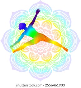 Colorful silhouette of woman practicing Supta Padangushthasana B yoga pose.Extended Supine Hand to Big Toe pose. Isolated vector illustration