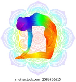 Colorful silhouette of woman practicing Ushtrasana yoga pose. Camel pose. Isolated vector illustration