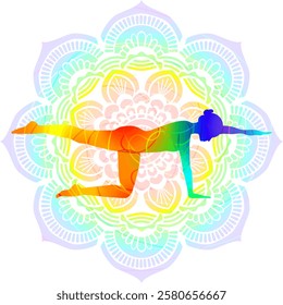 Colorful silhouette of woman practicing Utthita Chakravakasana yoga pose. Balancing Table pose or Ruddy Goose pose. Isolated vector illustration