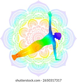 Colorful silhouette of woman practicing Vasishthasana yoga pose. Side Plank yoga pose. Isolated vector illustration