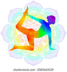 Colorful silhouette of woman practicing Vyaghrasana yoga pose. Kneeling Bow pose. Isolated vector illustration