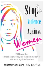 Colorful silhouette in woman shape with the day, name and slogan wording about "International day for the elimination of Violence Against Women" on light gray background.