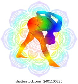 Colorful silhouette of yoga. Parshvottanasana. Pyramid pose or Intense Side Stretch pose. Isolated vector illustration on Mandala background.