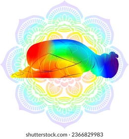 Colorful silhouette yoga posture. Child pose. Balasana. Prone and Forward Bend. Isolated vector illustration. Mandala background.