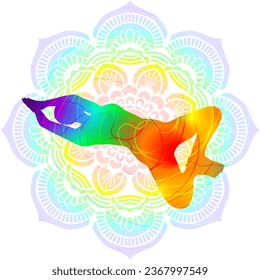 Colorful silhouette yoga posture. Extended Supine Bound Angle pose. Supta Baddha Konasana. Supine and Neutral. Isolated vector illustration. Mandala background.