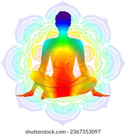 Colorful silhouette yoga posture. Fire Log pose or Double Pigeon pose or Square position. Agnistambhasana. Seated and Neutral. Isolated vector illustration. Mandala background.