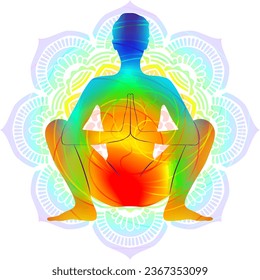 Colorful silhouette yoga posture. Garland pose or Yogi Squat pose. Malasana or Upaveshasana. Seated and Balancing. Isolated vector illustration. Mandala background.