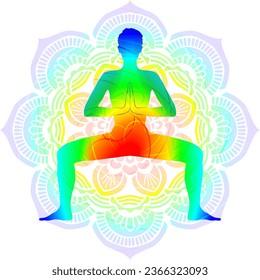 Colorful silhouette yoga posture. Goddess pose or Horse Stance pose. Utkata Konasana. Standing and Neutral. Isolated vector illustration. Mandala background.