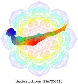 Colorful silhouette yoga posture. Low Boat pose or Canoe pose. Ardha Navasana. Seated and Balancing. Isolated vector illustration. Mandala background.