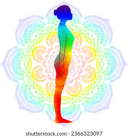 Colorful silhouette yoga posture. Mountain pose or Equal Standing pose. Tadasana or Samasthiti. Standing and Neutral. Isolated vector illustration. Mandala background.