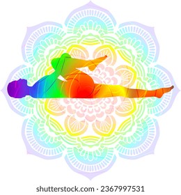 Colorful silhouette yoga posture. One Legged Wind Removing pose or One Legged Wind Relieving pose. Eka Pada Pavanamuktasana or Apanasana. Supine. Isolated vector illustration. Mandala background.