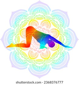 Colorful silhouette yoga posture. Revolved Child pose or Thread the Needle pose. Parshva Balasana. Arm Leg Support and Twist. Isolated vector illustration. Mandala background.