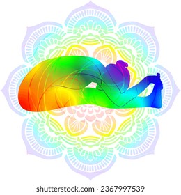 Colorful silhouette yoga posture. Seated Forward Bend 3 pose or Intense West Stretch pose. Paschimottanasana C. Seated and Forward Bend. Isolated vector illustration. Mandala background.
