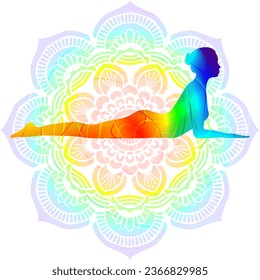 Colorful silhouette yoga posture. Sphinx pose. Salamba Bhujangasana or Naraviralasana. Prone and Backbend. Isolated vector illustration. Mandala background.