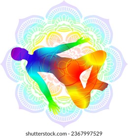 Colorful silhouette yoga posture. Supine Bound Angle pose. Supta Baddha Konasana. Supine and Neutral. Isolated vector illustration. Mandala background.