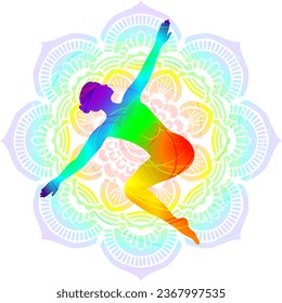 Colorful silhouette yoga posture. Supine Belly Twist pose or Supine Abdominal Twist pose. Jathara Parivartanasana. Supine and Twist. Isolated vector illustration. Mandala background.