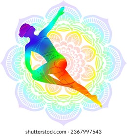 Colorful silhouette yoga posture. Supine Spinal Twist pose. Supta Matsyendrasana. Supine and Twist. Isolated vector illustration. Mandala background.