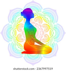 Colorful silhouette yoga posture. Thunderbolt pore or Diamond pose. Kneeling pose. Vajrasana. Seated and Neutral. Isolated vector illustration. Mandala background.