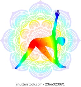 Colorful silhouette yoga posture. Triangle pose. Trikonasana. Standing and Lateral Bend. Isolated vector illustration. Mandala background.