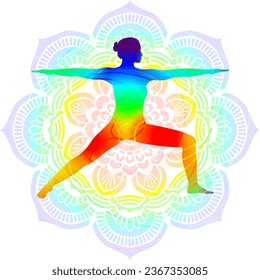 Colorful silhouette yoga posture. Warrior 2 pose. Virabhadrasana B. Standing and Balancing. Isolated vector illustration. Mandala background.