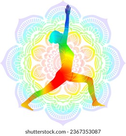 Colorful silhouette yoga posture. Warrior 1 with Gaze Up pose. Virabhadrasana A. Standing and Balancing. Isolated vector illustration. Mandala background.
