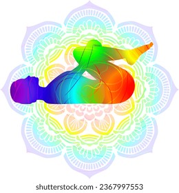 Colorful silhouette yoga posture. Wind Removing pose or Wind Relieving pose. Supine Knees to Chest posture. Pavanamuktasana or Apanasana. Supine. Isolated vector illustration. Mandala background.