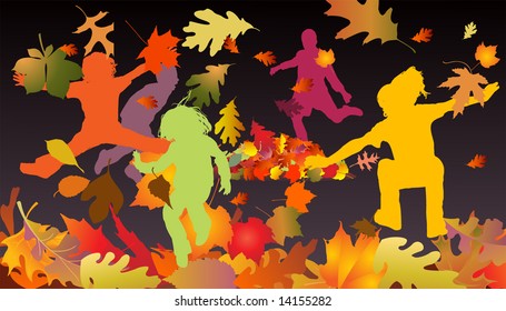 colorful silhouetted children jumping in piles of autumn leaves