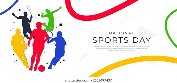 Colorful silhouettes of athletes playing football, basketball, tennis, and badminton on a white background with curved abstract lines. A vibrant banner for celebrating National Sports Day. Athletes