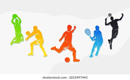 Colorful silhouettes of athletes playing various sports including basketball, table tennis, soccer, tennis, and volleyball. Perfect for sports banners, posters, or fitness-related graphics. Sports Day