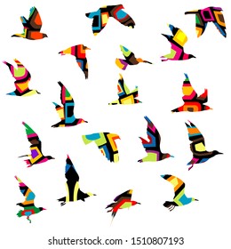 Colorful silhouettes of birds flying