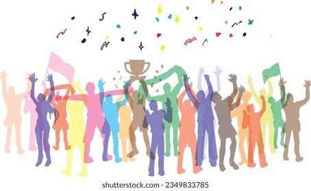 Colorful silhouettes cheering for sports and celebrating victory.Shadow people in various gestures,vector silhouettes of men and a women