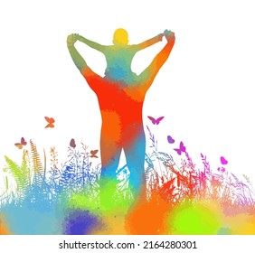 Colorful silhouettes of dad and son together. Vector illustration