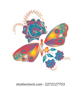 Colorful silhouettes of flowers and herbs isolated on white background. Hand drawn sketch flowers and butterfly.