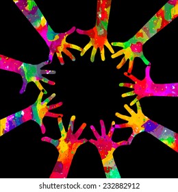 Colorful silhouettes of hands in a circle. Vector 