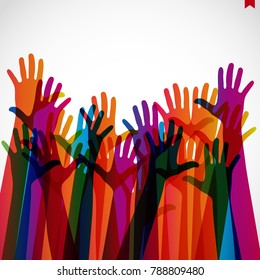 Colorful silhouettes hands up on a light background. Vector symbol illustration.