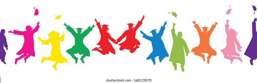 Colorful silhouettes of jumping graduates, throwing square academic caps. Seamless pattern. Vector illustration.