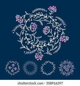 Colorful silhouettes of Leaf and Berries round frame. Vector illustration of hand drawn natural wreath for invitation cards, save the date, wedding card design.Set.