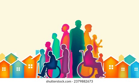 Colorful Silhouettes of old people as their retirement at home concept. Silhouettes of people, men, women, disabled people in a wheelchair