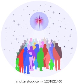 Colorful silhouettes of people of all ages and ethnicity, gathering below a shining star representing the birth of Jesus on Christmas, a vector illustration. 