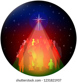 Colorful silhouettes of people of all ages and ethnicity, gathering below a shining star representing the birth of Jesus on Christmas, a vector illustration. 