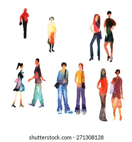 Colorful silhouettes of people. Watercolor background with silhouette of men, women, boys and girls. Stylish silhouette.