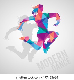 Colorful silhouettes of sportive girl dancing modern dance styles. Modern dance lettering. Multicolored detailed vector silhouette.