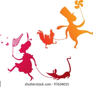Colorful silhouettes of urban people walking their pets during spring season
