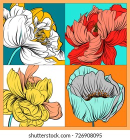 Colorful silk scarf with flowering poppy and peonies. Pink, red, green, yellow on white.