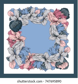 Colorful silk scarf with flowering poppy and peonies. White, blue, violet on pink.