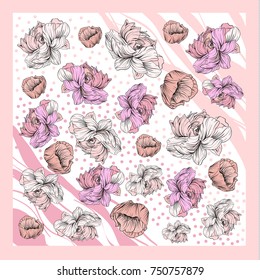 Colorful silk scarf with flowering poppy and peonies. Pink, violet on white. Batik technique