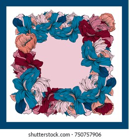 Colorful silk scarf with flowering poppy and peonies. White, blue, violet on pink.