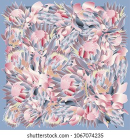 Colorful silk scarf with flowering proteas.